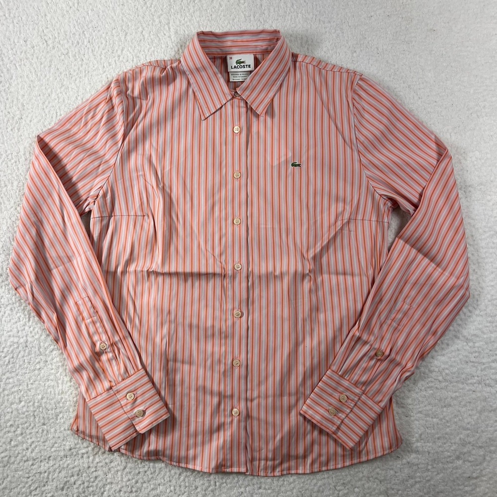 Lacoste Women's Orange Pink Striped Button Down Shirt‎ Stretch US Size M (EU/6)
